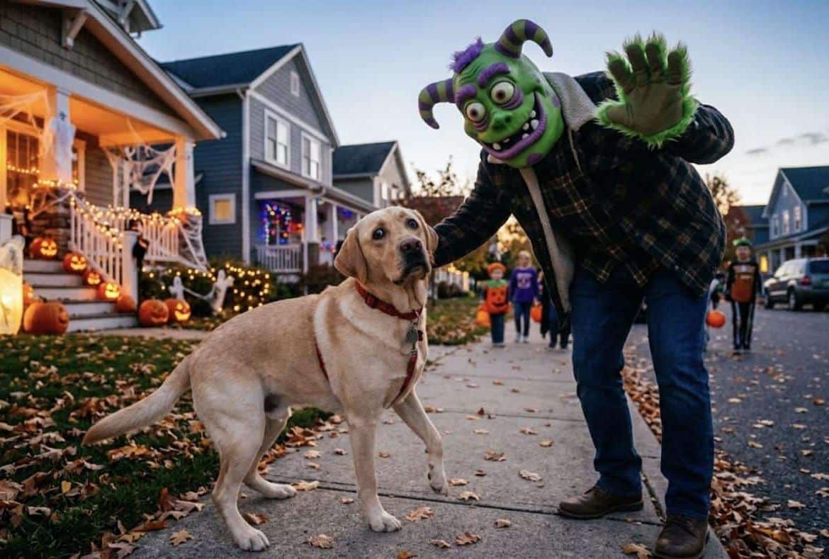 Yellow Lab leaning away from a person in a monster mask while dog trick-or-treating