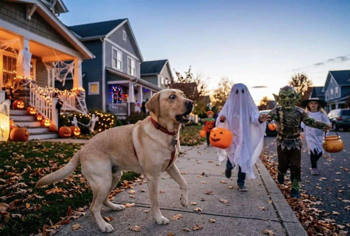 Kids in ghost and goblin costumes running toward a startled dog on Halloween