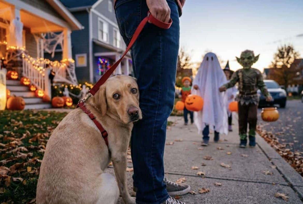 Scared dog on a leash hiding behind its owner as trick-or-treaters approach