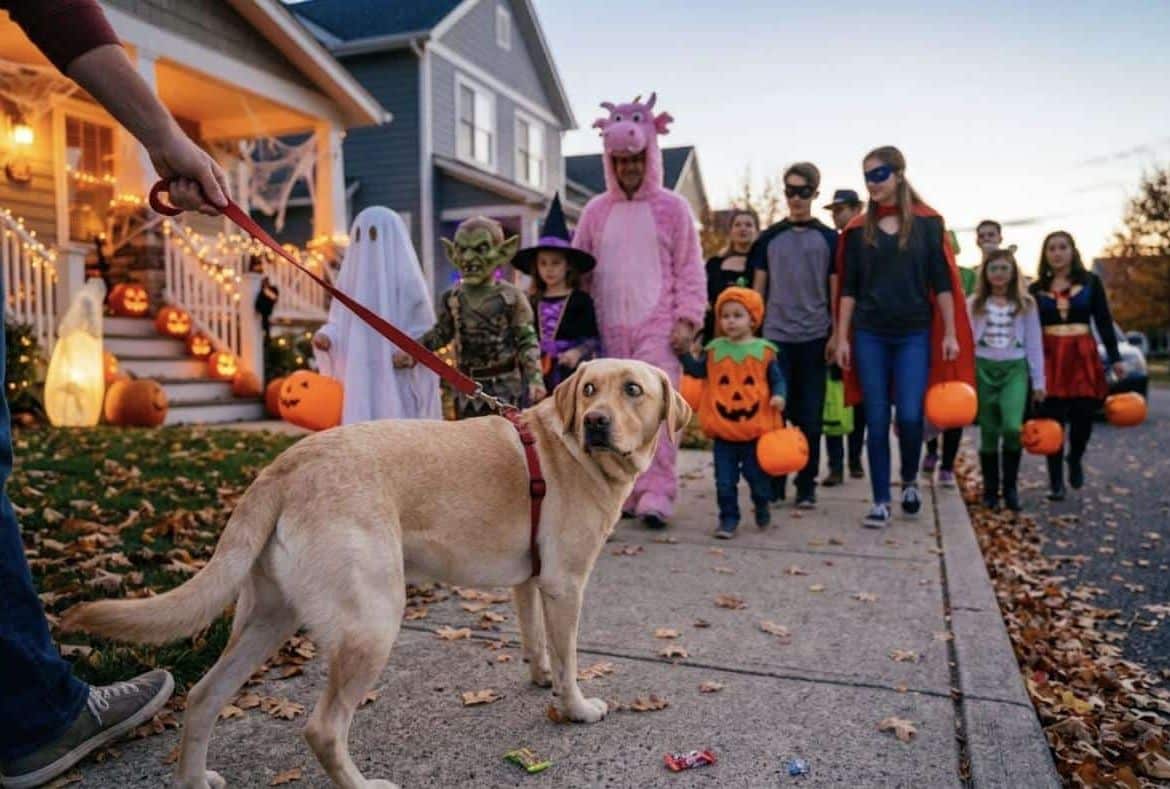 Dog on a leash looking back nervously at a crowd of costumed trick-or-treaters