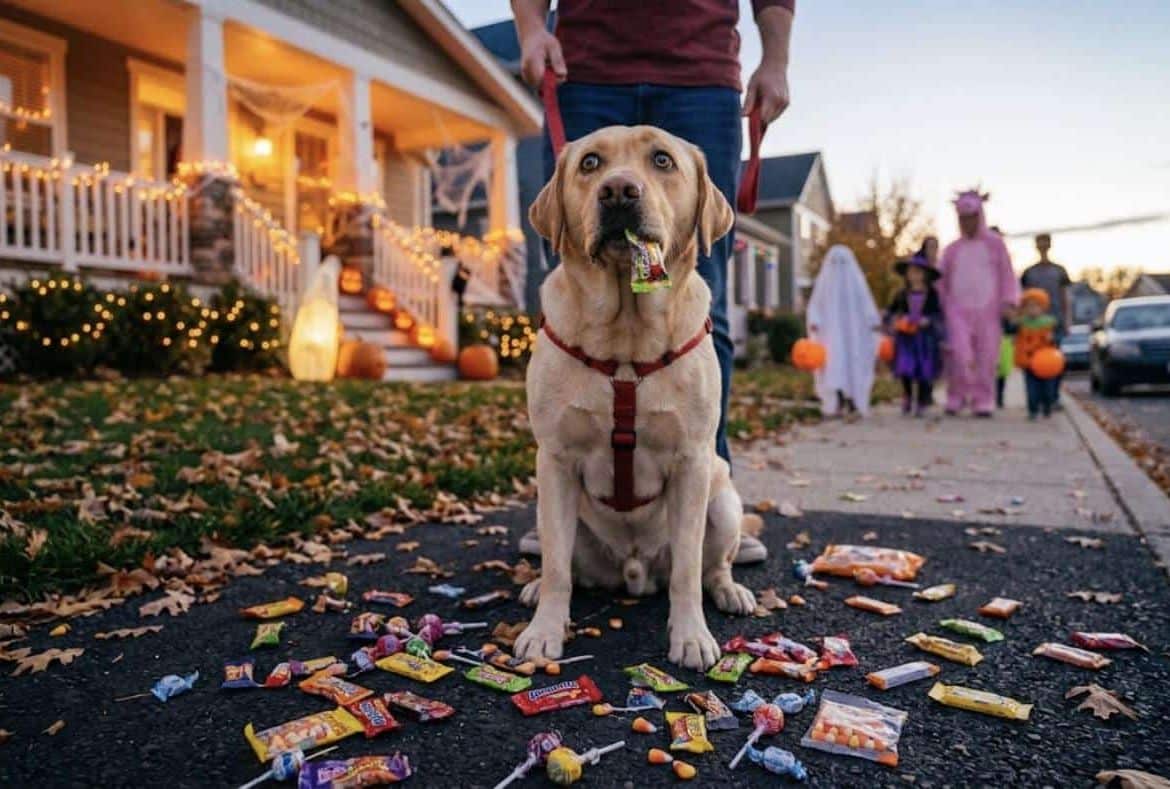 Dog with a candy wrapper in its mouth and Halloween candy on the ground