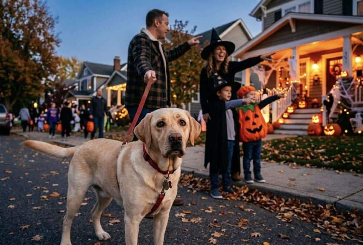 Worried dog on a leash while its family looks at a decorated Halloween house