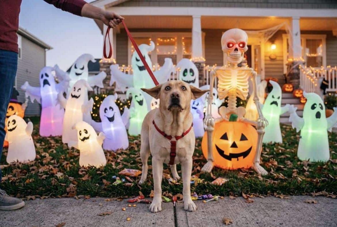 Nervous dog in front of glowing inflatable ghosts and a light-up skeleton