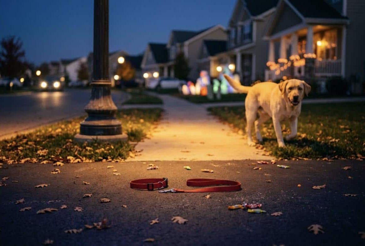 Empty collar and leash on a dark street with a loose dog on Halloween night