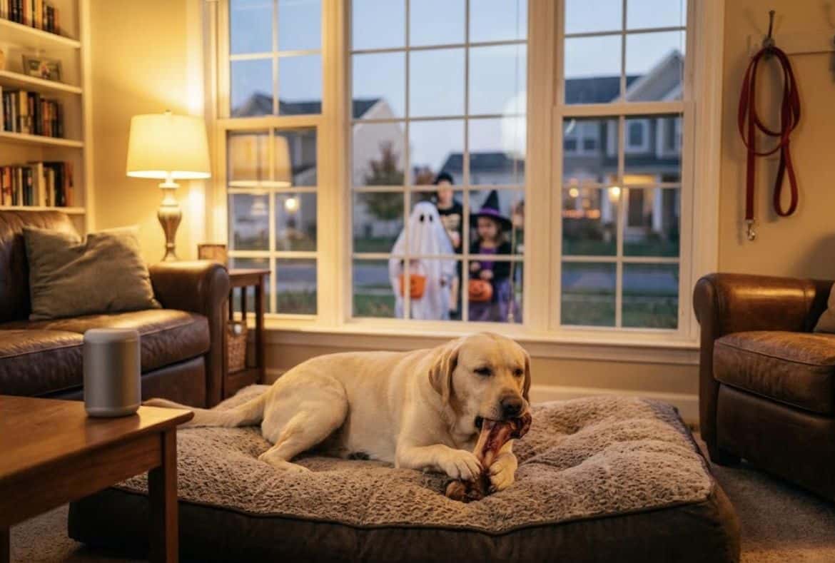 Relaxed dog chewing a bone at home while trick-or-treaters pass the window
