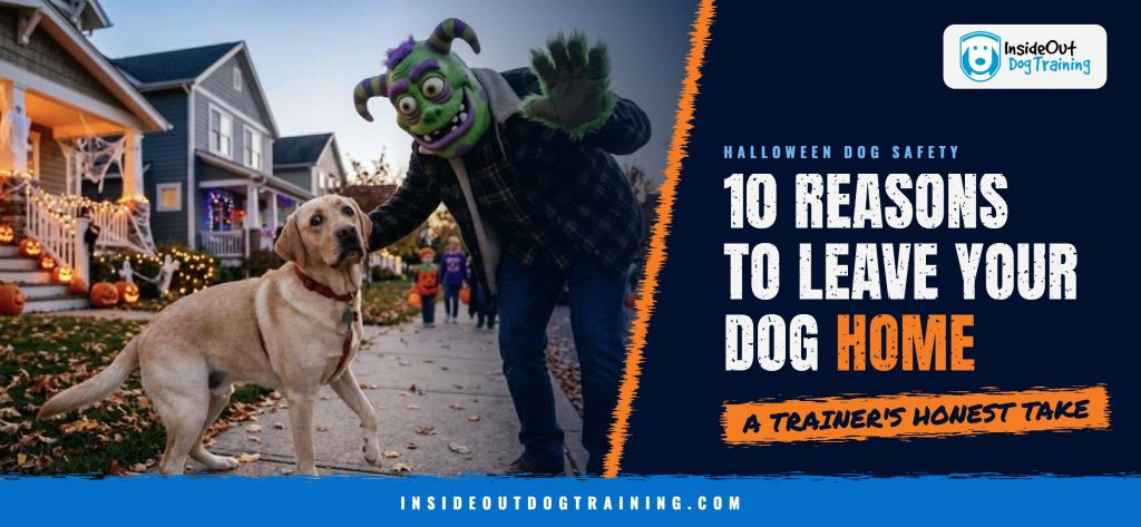 Dog trick-or-treating: a worried yellow Lab and a person in a monster mask, 10 reasons to leave your dog home