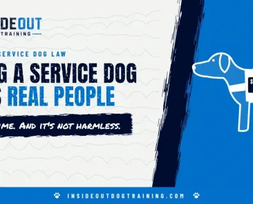Fake service dog in California: outline of a Labrador in a service dog vest with the headline Faking a service dog hurts real people