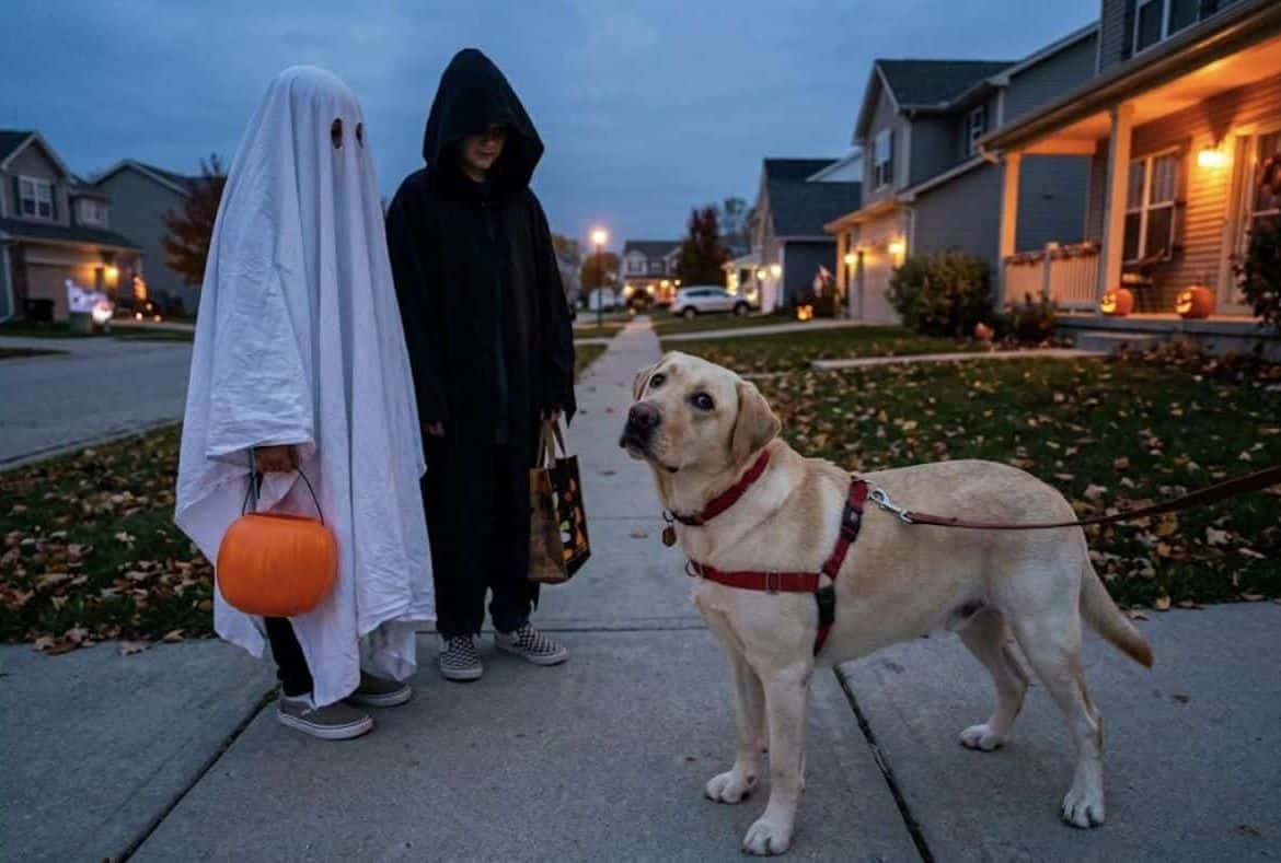 Why Halloween costumes scare dogs: a yellow Lab staring at people in a bedsheet ghost costume and a dark hood