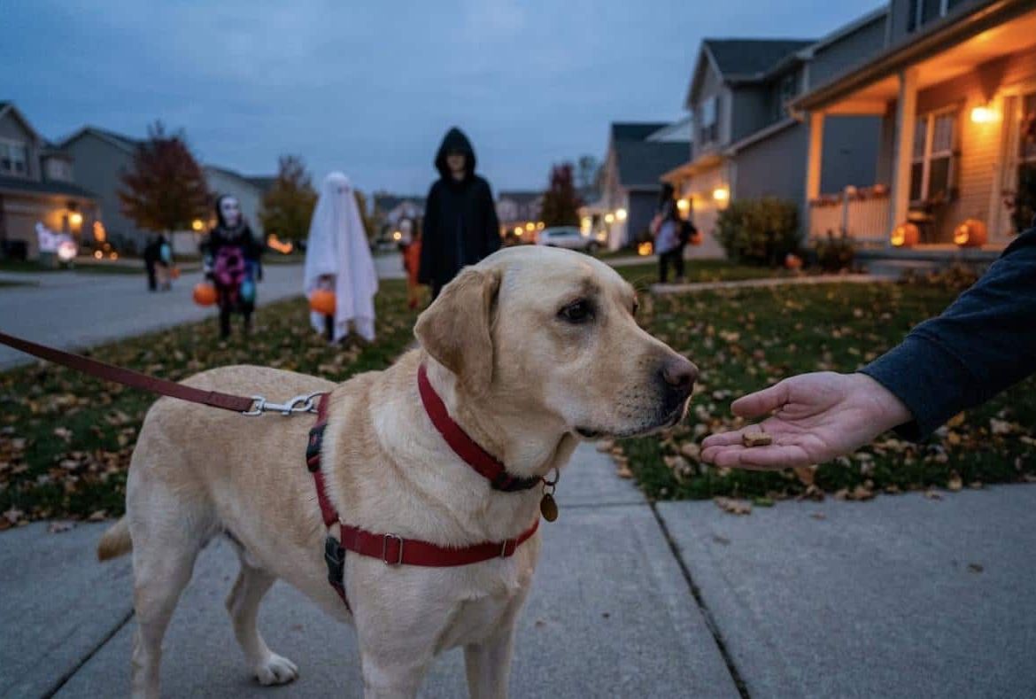 Scared dog turning away from a treat on Halloween night