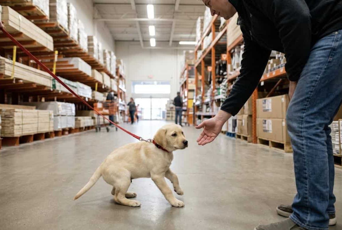 Puppy backing away as a stranger reaches down to pet him in a store aisle
