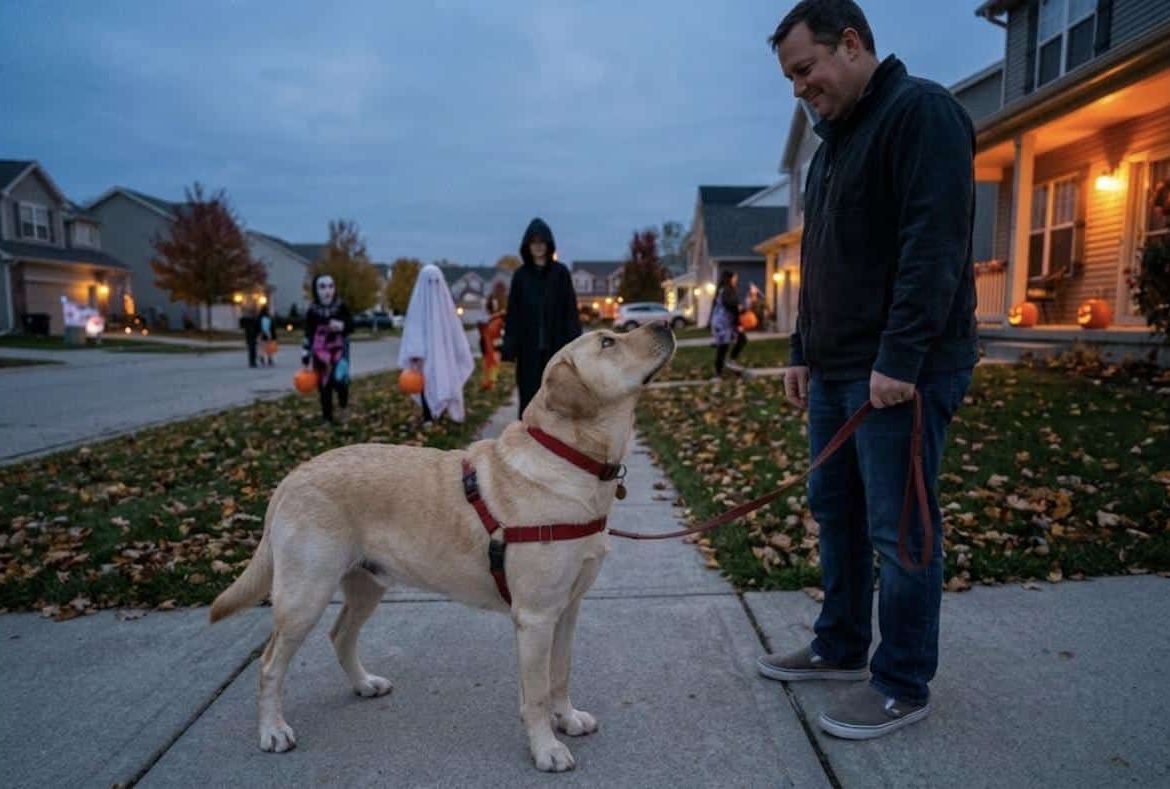 Dog looking up at his calm owner on a Halloween street