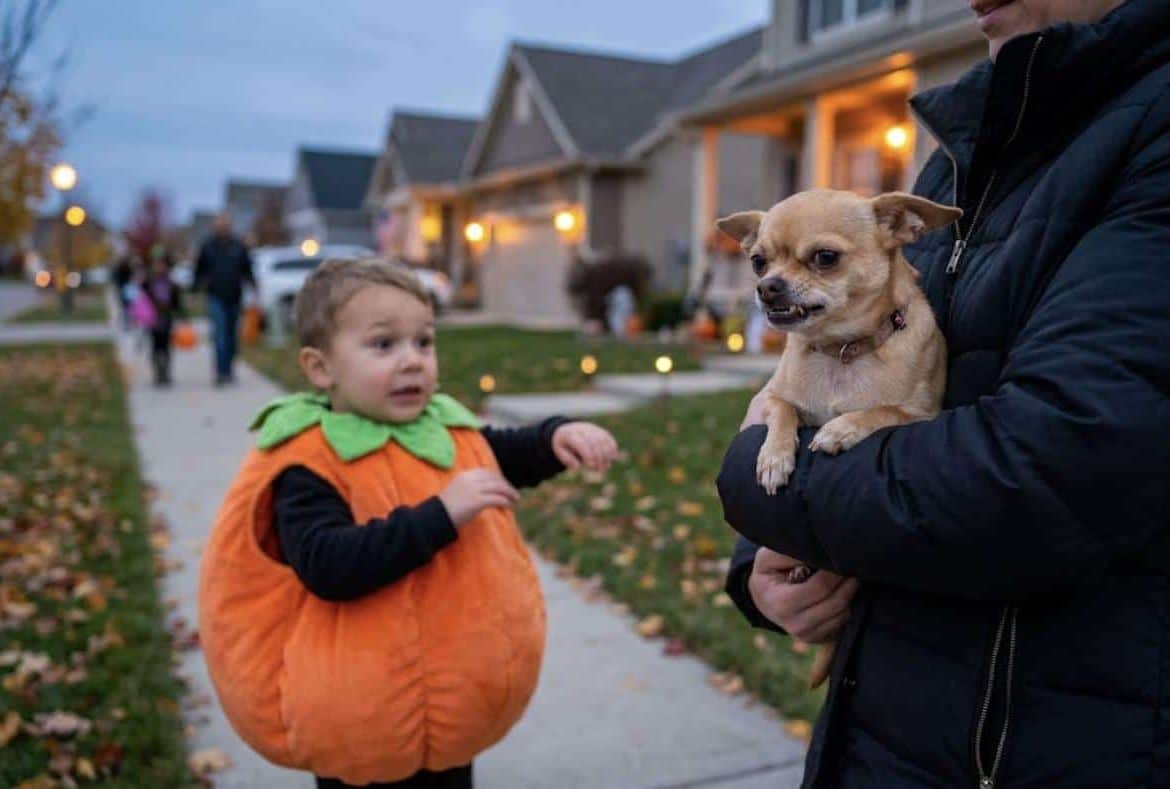 Small Chihuahua growling in his owner’s arms as a child in a pumpkin costume pulls back