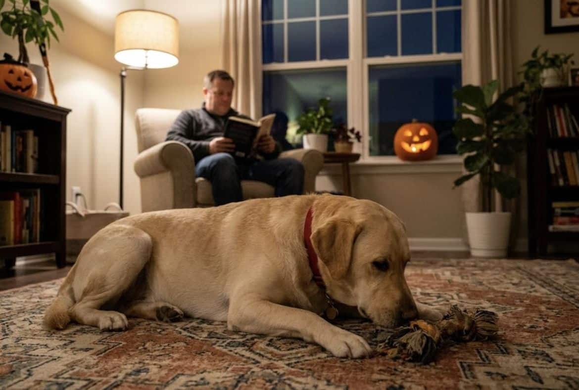 Relaxed dog at home on Halloween night while his owner reads nearby