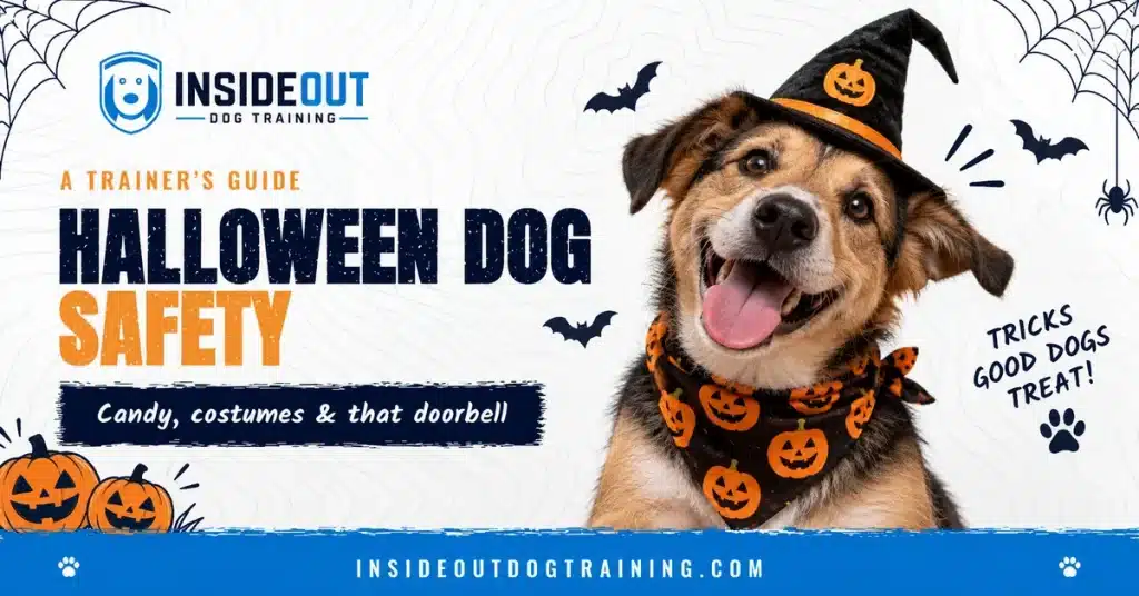 Halloween dog safety guide: happy dog in a witch hat and pumpkin bandana, from InsideOut Dog Training