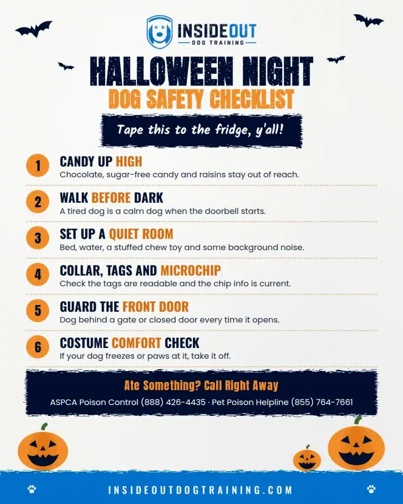 Halloween night dog safety checklist with six steps and pet poison hotline numbers