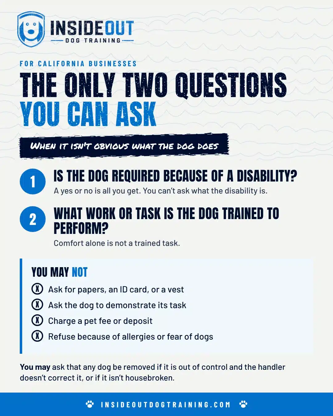 Infographic of the only two questions a California business can ask about a service dog, and what staff may not ask