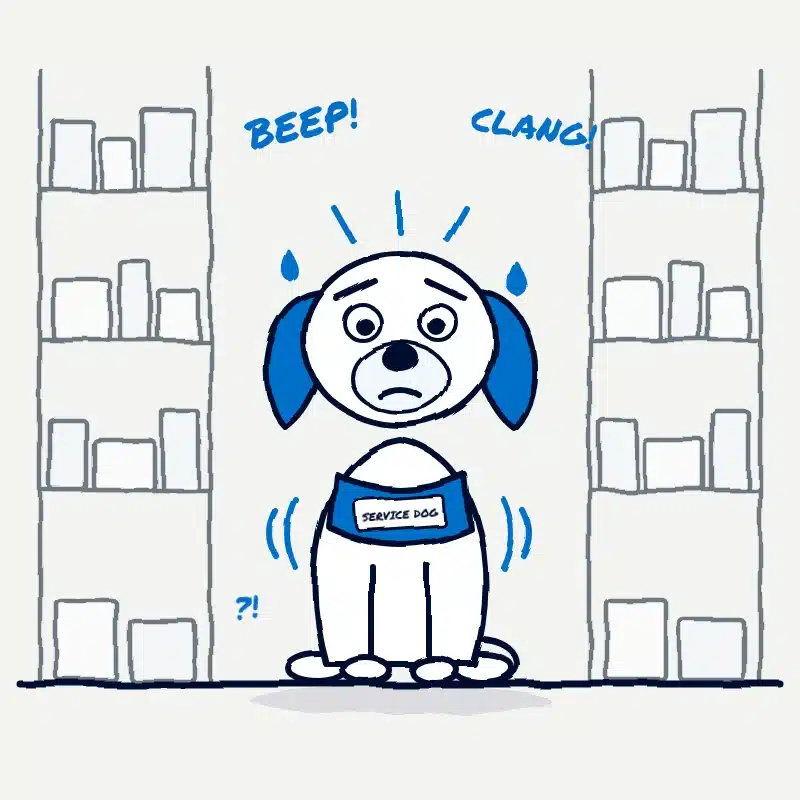 Doodle of a worried pet dog in a service dog vest sitting in a noisy store aisle