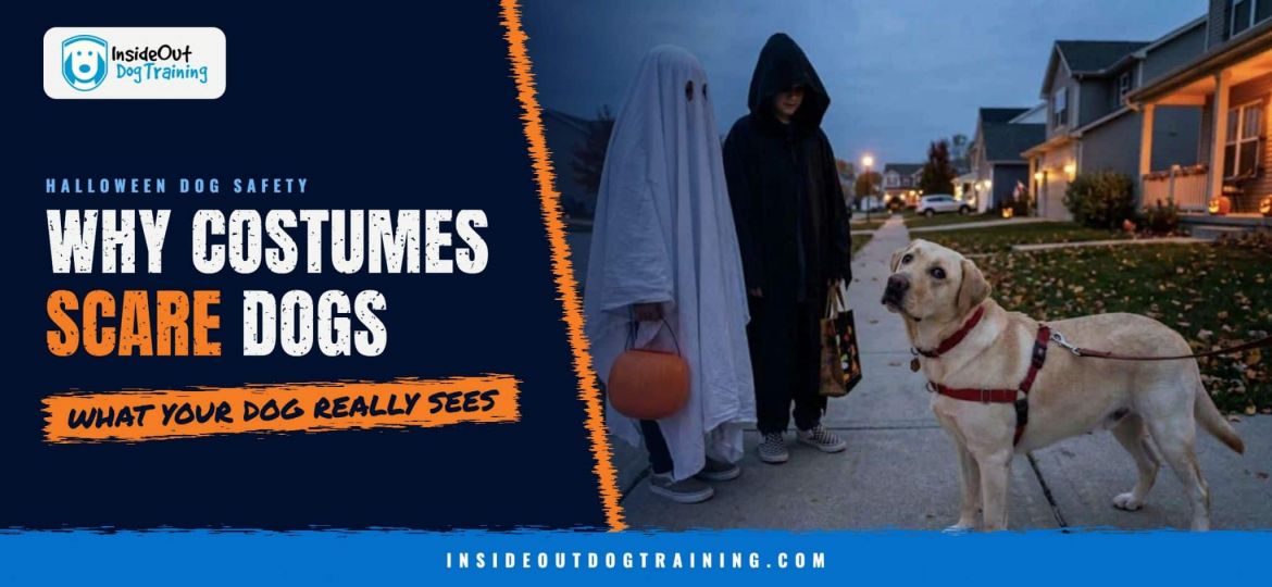 Why Halloween costumes scare dogs: a yellow Lab looking up at people in a ghost sheet and a dark hood